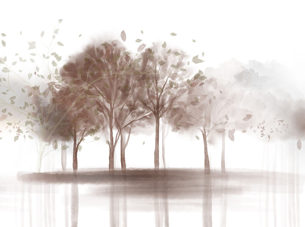 Árboles reflejados en gris — diseño completo