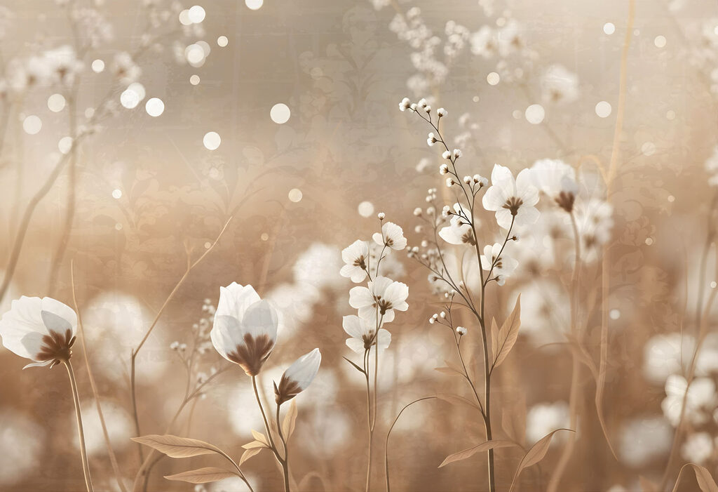 Flores blancas en neblina — diseño completo