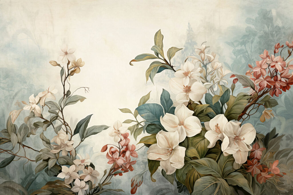 Flores entre hojas grandes — diseño completo