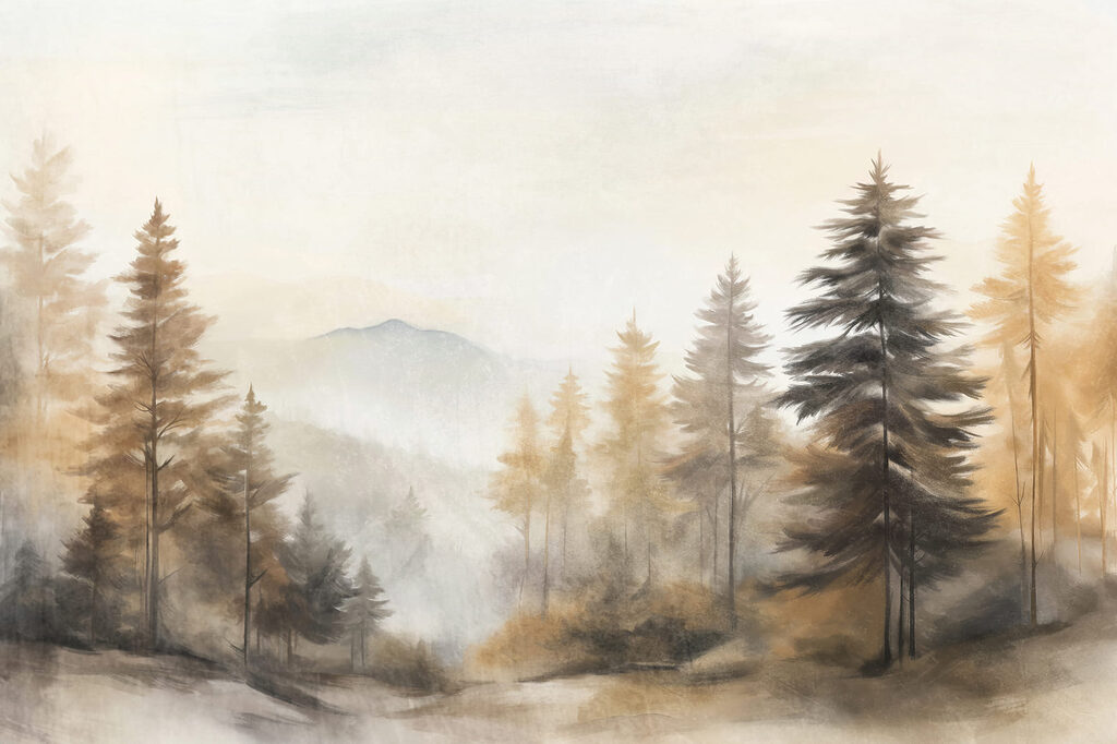 Pinos en niebla dorada — diseño completo