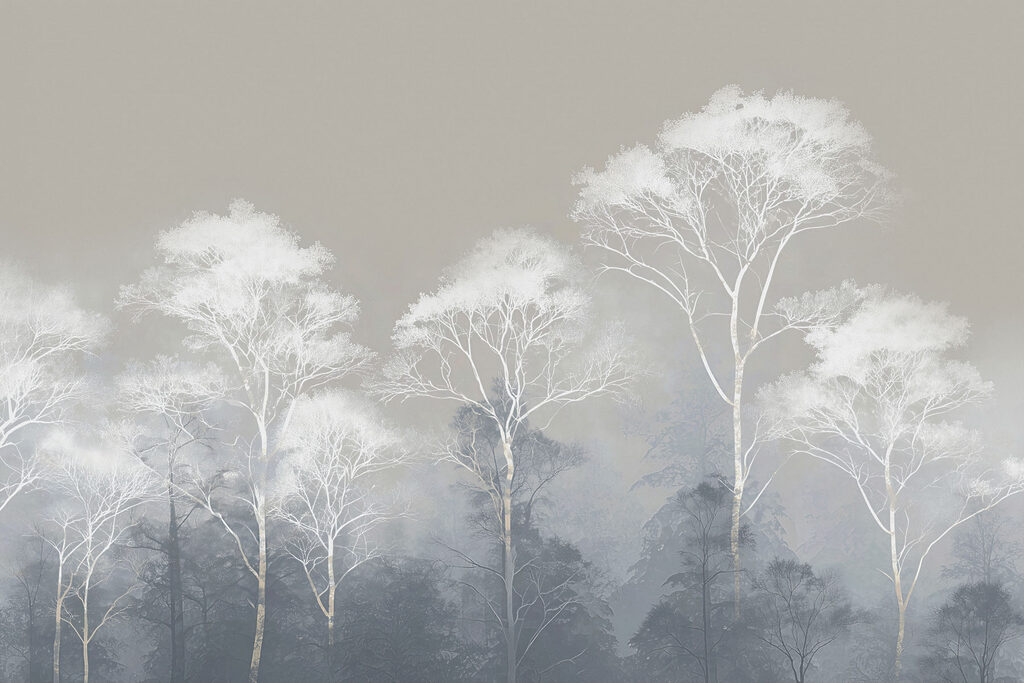 Copas blancas en niebla — diseño completo