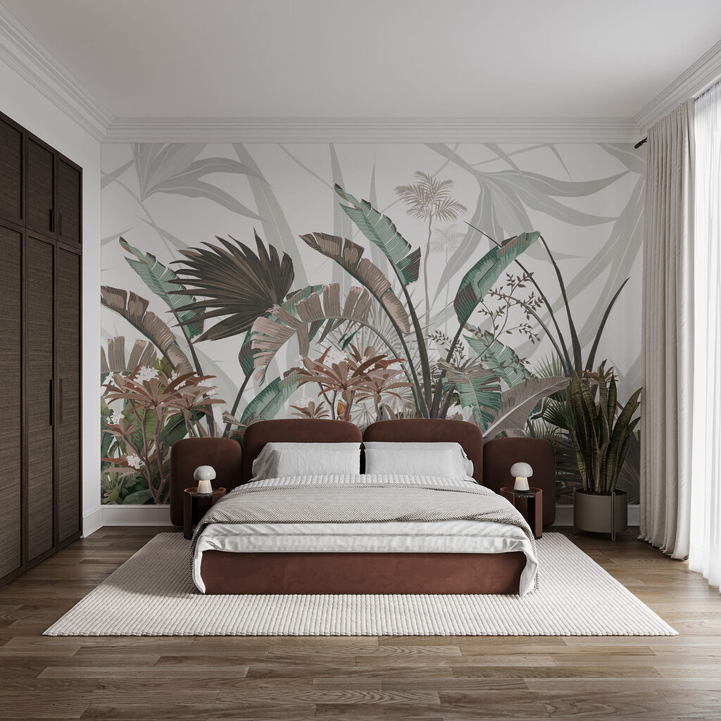 Hojas tropicales en grabado en un interior