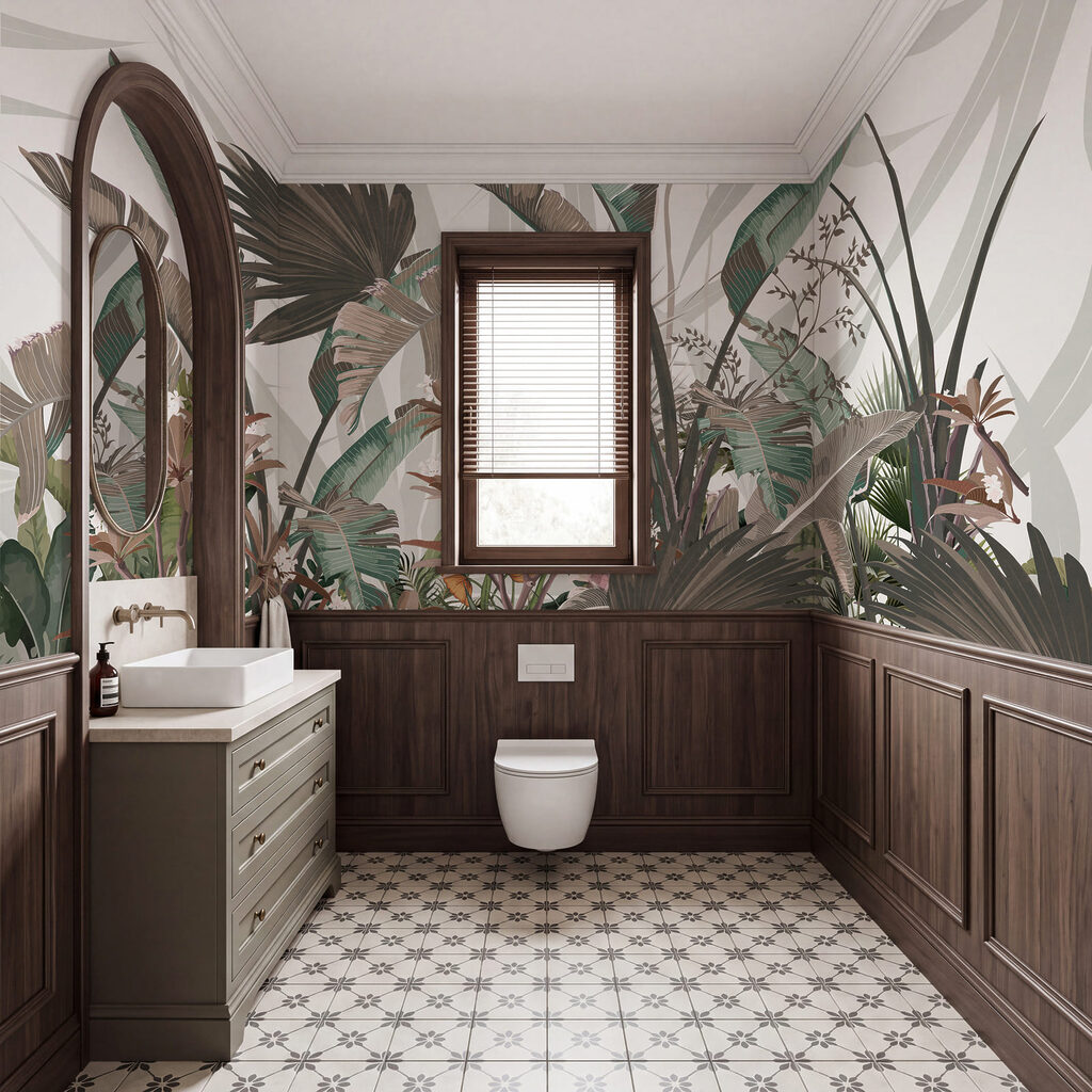 Hojas tropicales en grabado en un interior