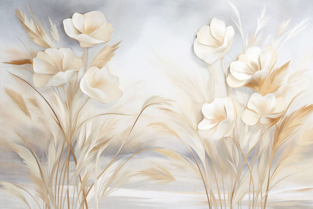 Flores crema sobre hierbas — diseño completo
