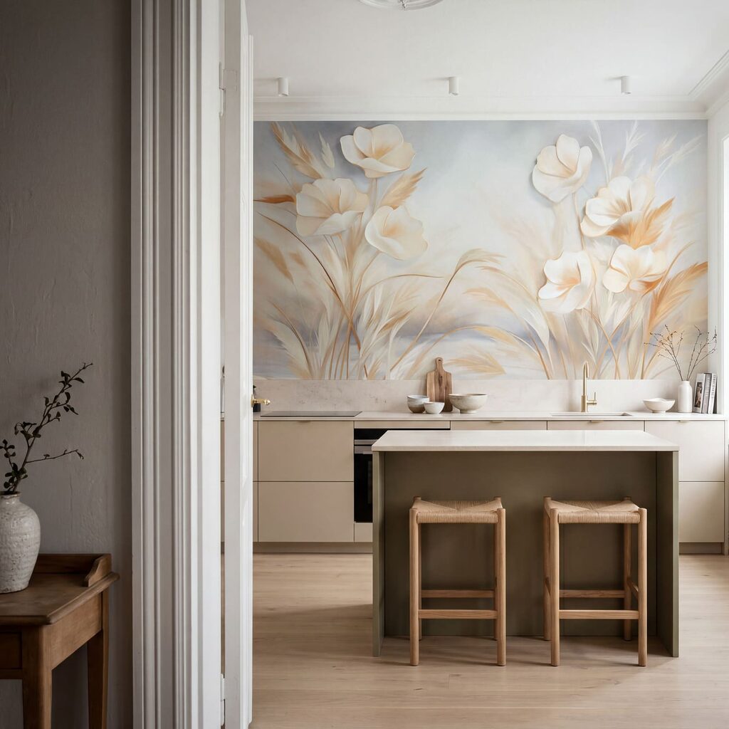 Flores crema sobre hierbas en un interior